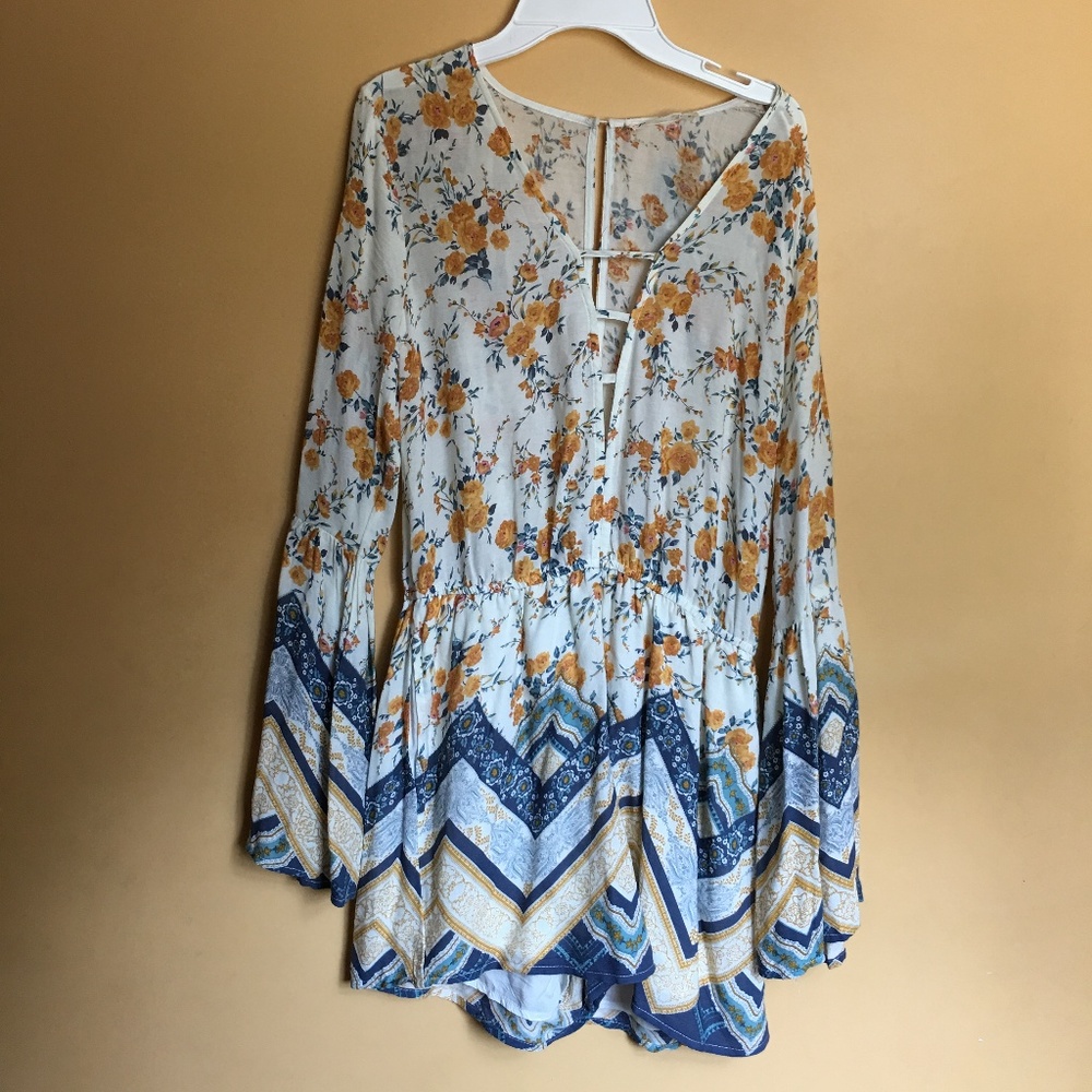 Blue and Orange Floral Long Sleeve Romper